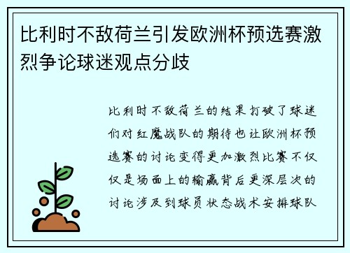 比利时不敌荷兰引发欧洲杯预选赛激烈争论球迷观点分歧